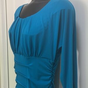 Turquoise Blue Bat wing MIDI Hidden Side Zip Dress Sz 8-10 Stretchy Gathered
